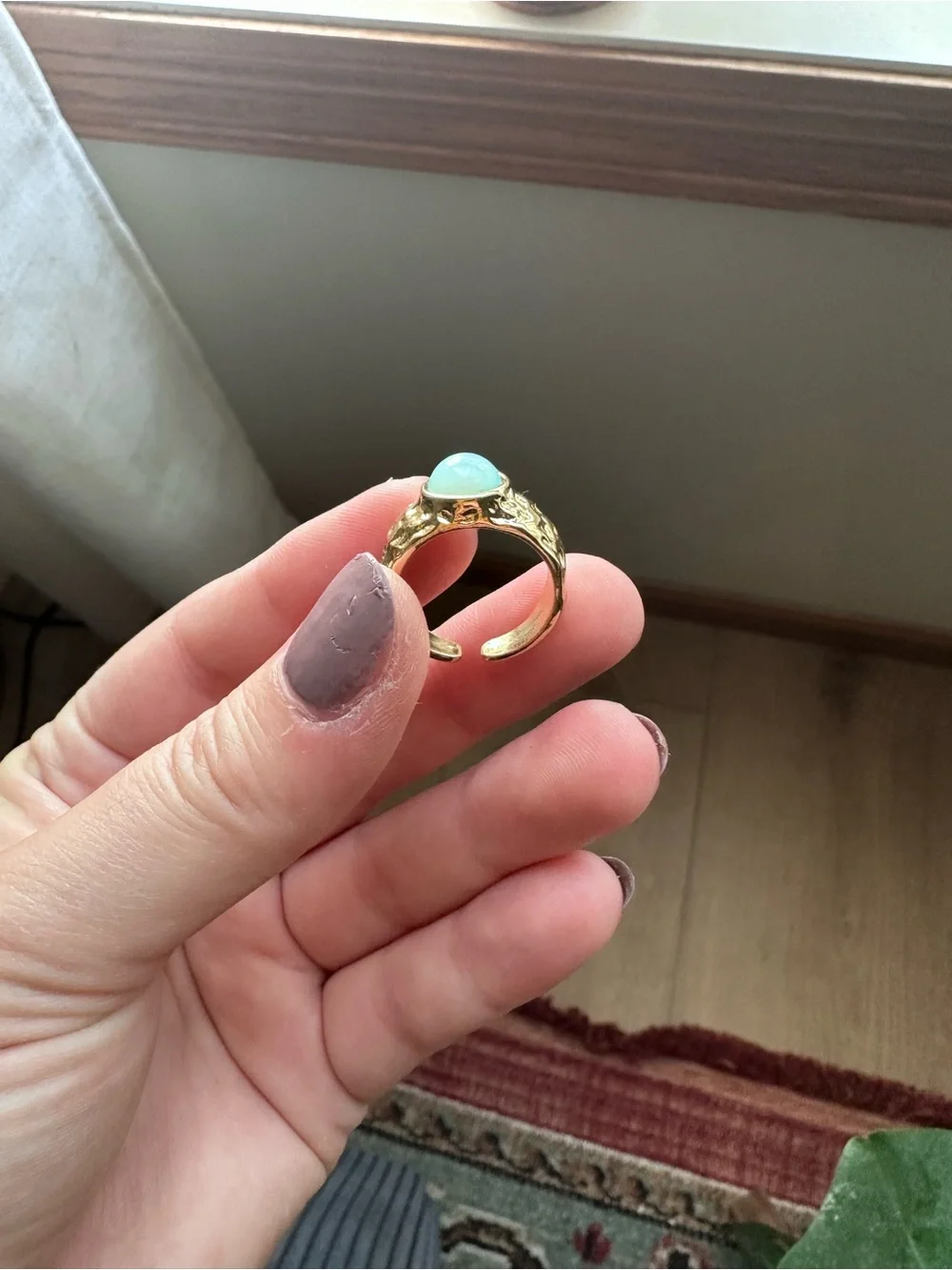 Textured Gold Ring with Aqua Stone Size 6.75